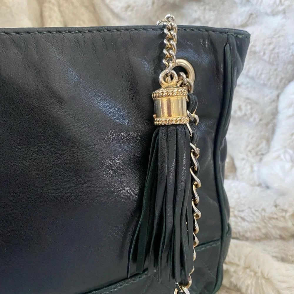 Vintage Deep Green Looks Black Lambskin Leather Double Chain Strap Shoul…
